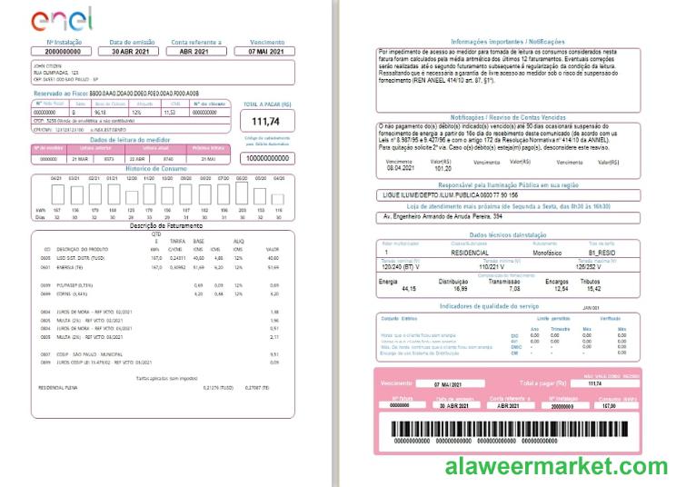 Brazil ENEL electricity utility bill (2 pages)